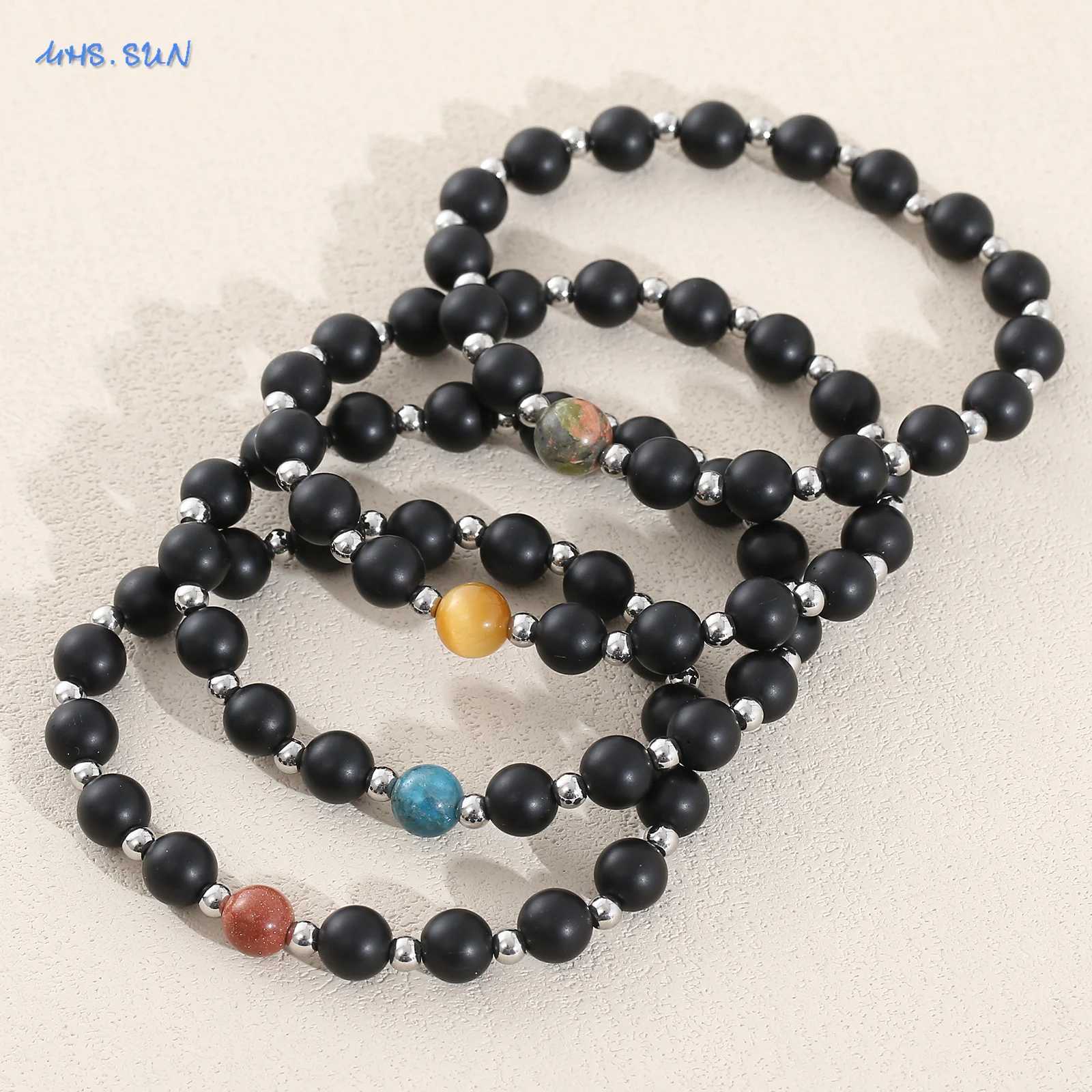 MHS. Sun Natural Stone frosted black glass elastic bead bracelet suitable for women men steel Accor yoga perseverance jewelry gifts W241231