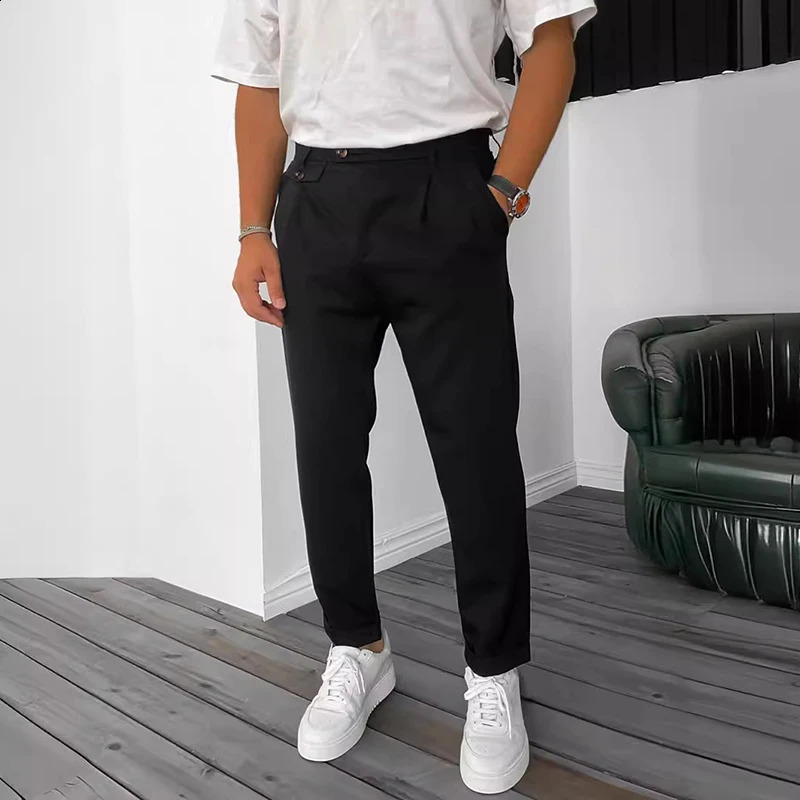 Fashion Buttoned n Pencil Pants Mens Spring Summer Casual Solid Color Straight Trousers For Men Vintage Pleated 241230Z