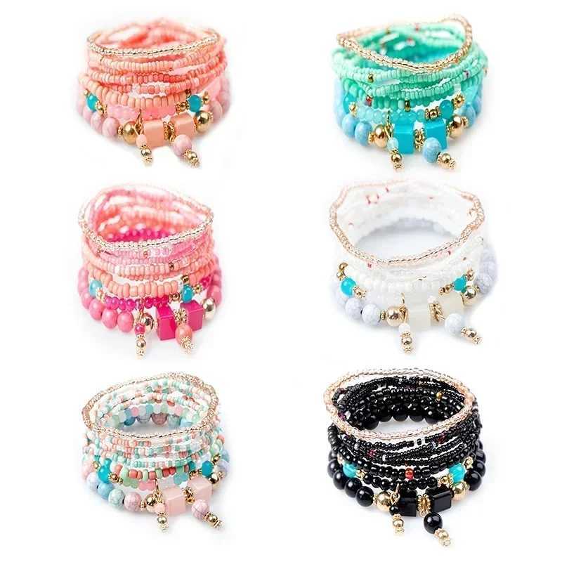 Bohemian handmade bead bracelet set suitable for womens summer colorful bead chain bracelets girls Bohemian fashion jewelry accessories W241231