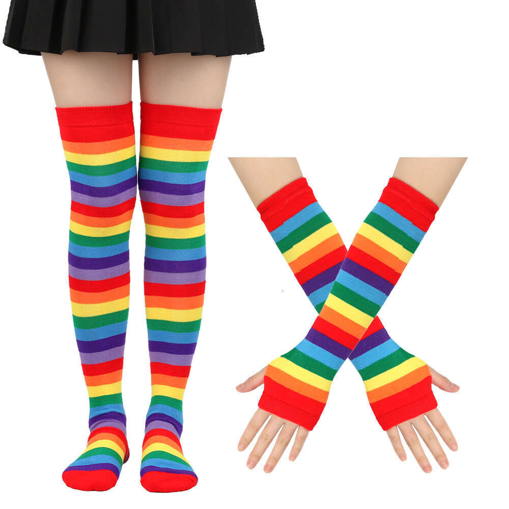 Over Knee Women's Party Rainbow Stockings Gloves Colorful Striped Socks