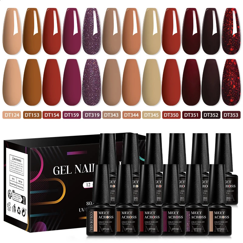 MEET ACROSS 12Pcs/Set Coffee Color Gel Nail Polish Set Grey Brown Nail Art Soak Off UV LED Gel Polish Kit for Nails Manicure DIY 241230