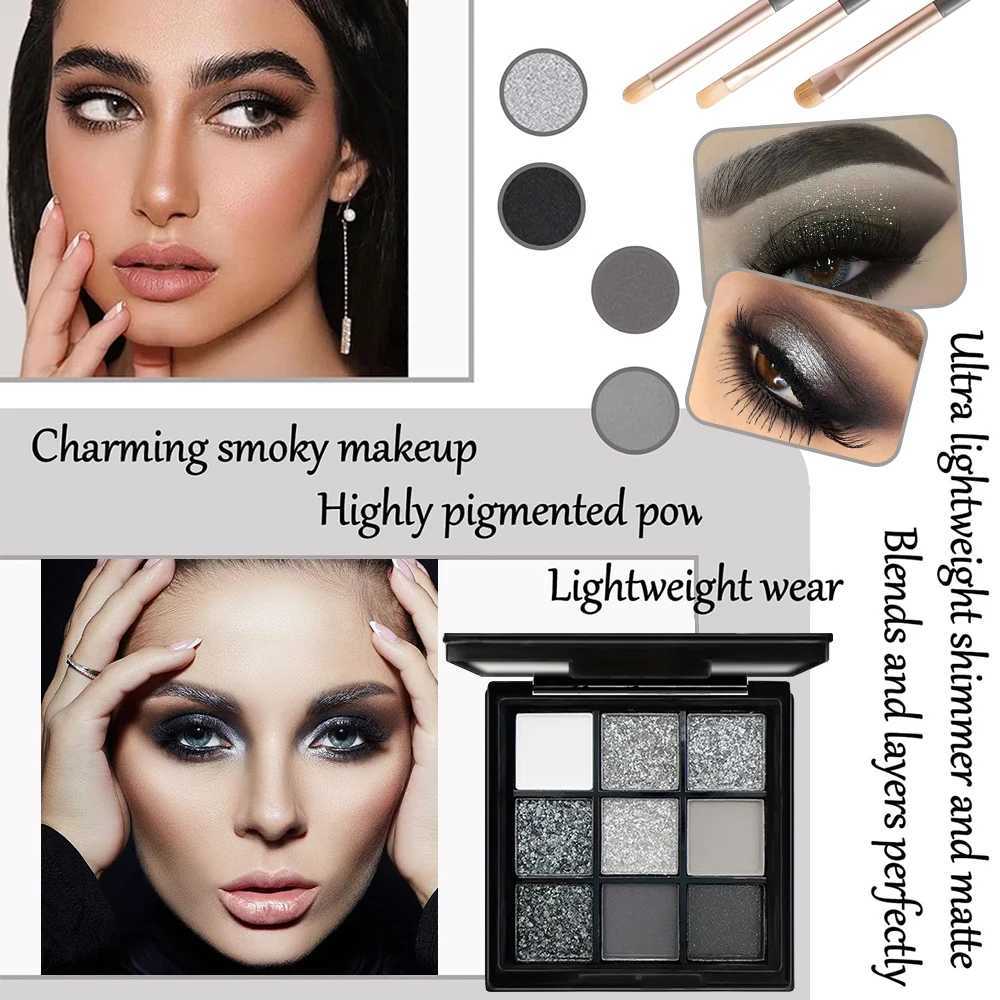 9-color eye shadow palette black gray silver matte finish smoke style party performance makeup W241230