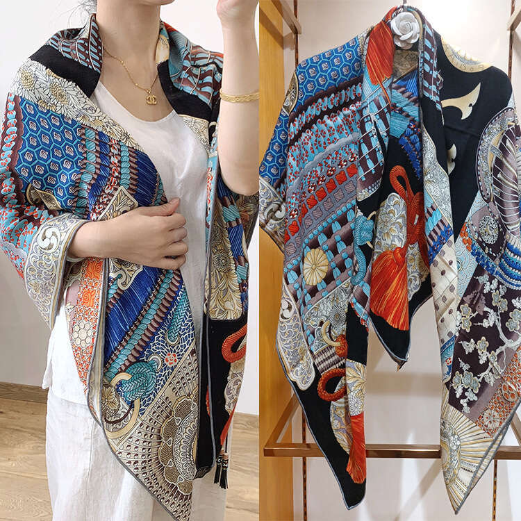 Warrior armor, wool, generous multi color printed, hand rolled edge, autumn and winter warm silk wool scarf, shawl for women