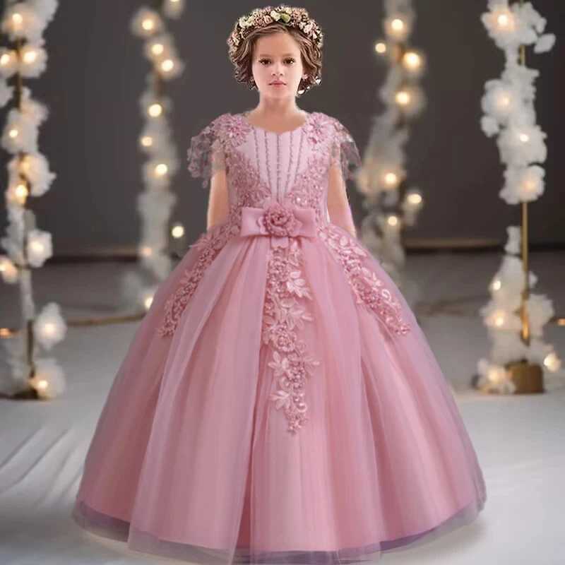 Flower Girl 3-12 Birthday Par Dress Lace Embroidered Mesh Wedding Dress Fashion Girl Elegant Evening Dress W241231