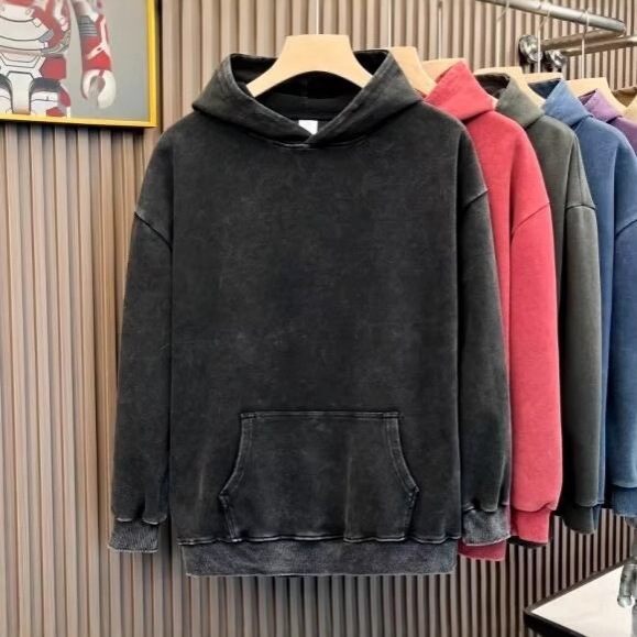 (392) Spring and Autumn American style washed distressed heavyweight hooded sweatshirt
