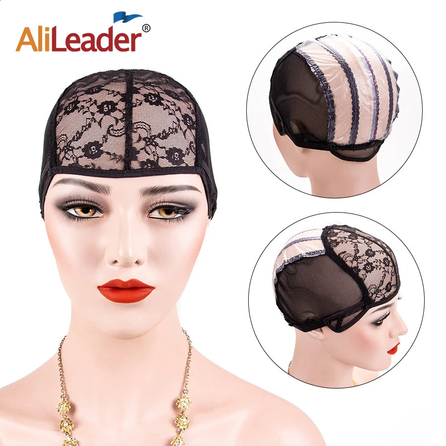 Alileader 5Pcs Black Beige Lace Wig Caps With Gummed Paper Adjustable Straps Swiss Lace Hairnet For Women Easy Weaving Wig Caps 241230