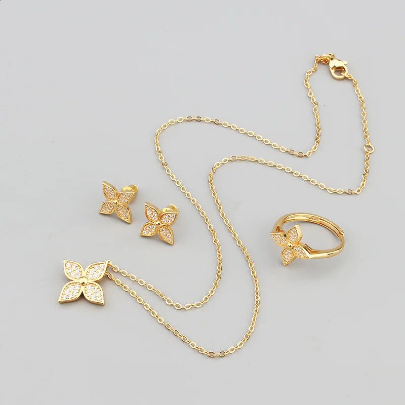 European and American Fashion Flowers Steel Micro-Inlaid Zircon Necklace Earrings Ring Retro Suit 241226