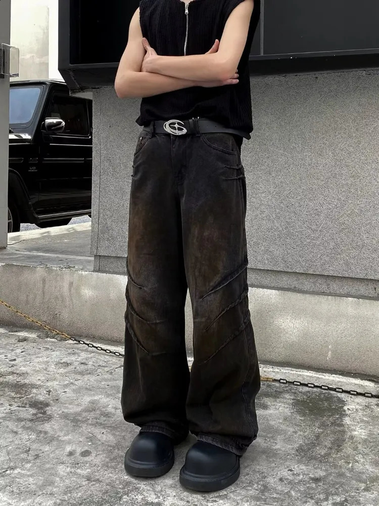 Cyber Y2K Streetwear Old Black Distressed Pleated Baggy Jeans Pants For Men Clothes Straight Loose Gothic Long Trousers 241230