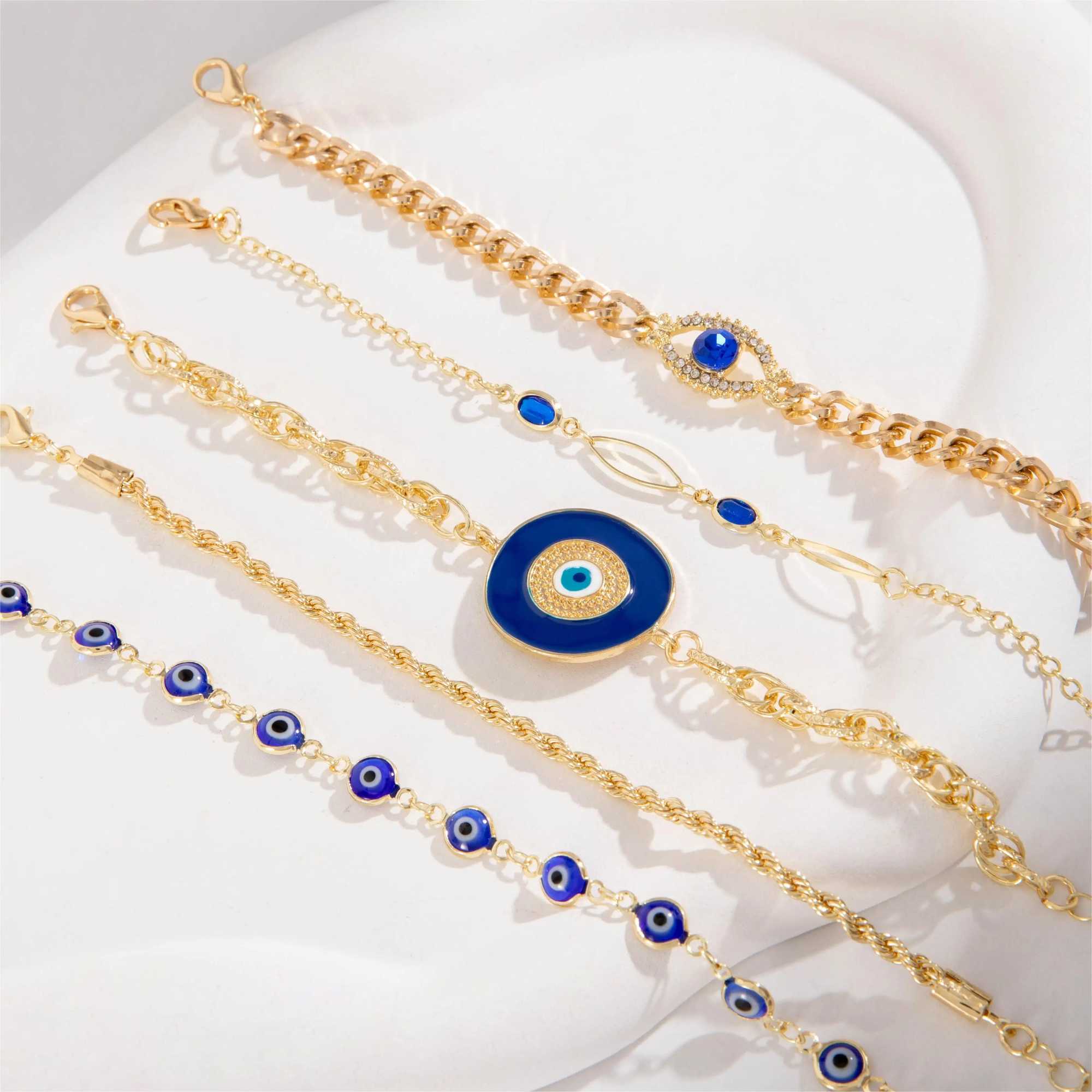 Tocona 5-piece/set Retro Versatile Blue Rhinestone Bracelet for Women Fashyon Blue Eyed Beaded Alloy Bracelet Jewelry 25977 W241231