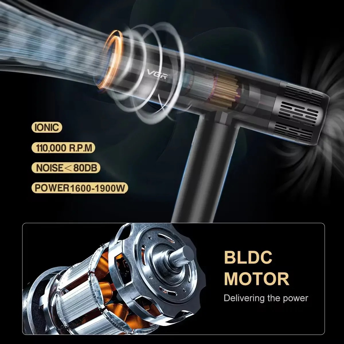 VGR Professional Air Blower Brushless Motor 110000 RPM Negative Ion Hair Styg Blow Dryer Hine V-427