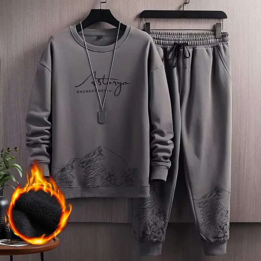 1 Set Men Tracksuit Plush Skin-touch Keep Warm Ribbed Cuff Sweatshirt Lace-up Sweatpants Men Sweatsuit Set Men Clothing 241224
