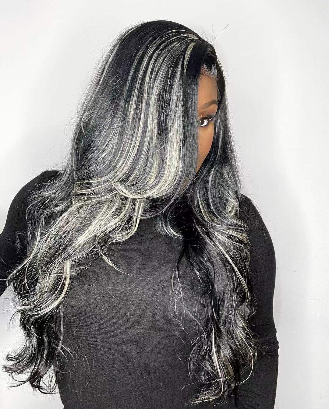 Wavy Gray lace wigs human hair 5x5 hd lace raw virgin side part human hair silver grey salt and pepper long gray hand made silk closure black mixed wh
