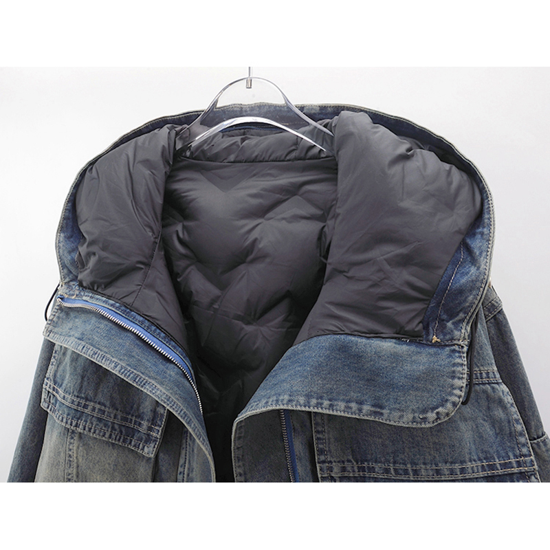Winter Down Cotton Denim Women Cowboy Outerwear Loose Short Vintage Blue Hooded Big Pocket Jeans Jacket Coat Female