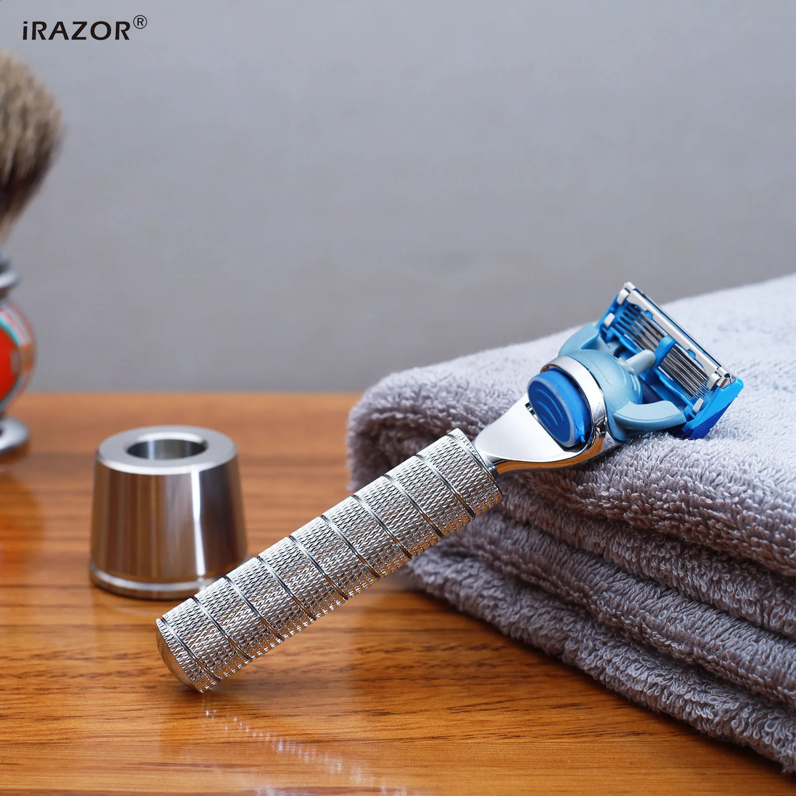 iRAZOR Classic F5 5-Edges Fusion Razor Kit Wet Manual Shaver Barber Grooming Tool for Men with Stainless Steel Stand Holder 241230