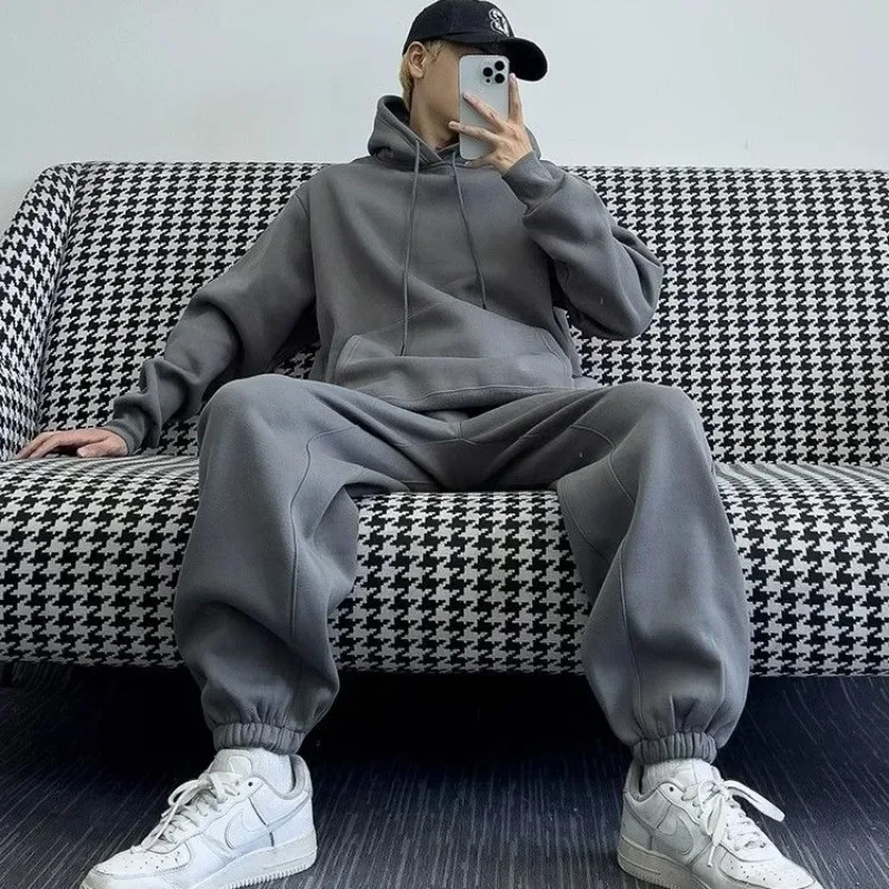 Hooded Sweatshirt Men's Autumn Winter Veet Two-Piece Set American Oversize Loose Casual Sweatpants Suit Aesthetic Streetwear