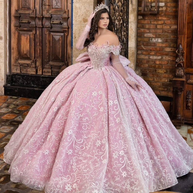Pink Quinceanera Dresses Ball Gown Off The Shoulder Sequin Applique Lace Beading Bow Tull Party Birthday Sweet 16 Vestido De 15 Anos