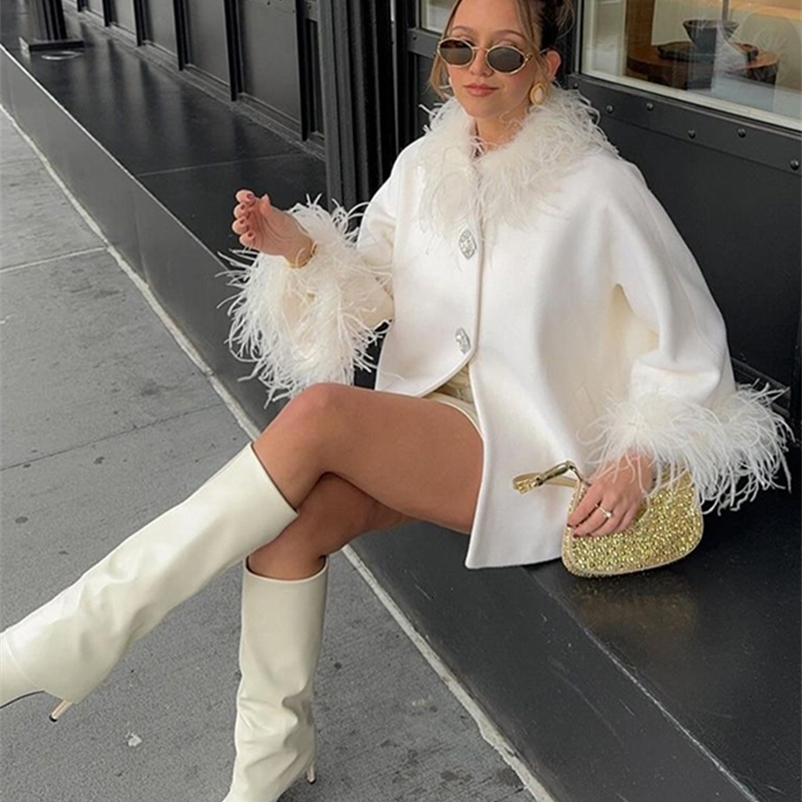 Elegant Feather Collar Cape Coats For Women Casual Solid Single Breasted Jackets Lady Autumn Chic Loose High Street Outwear Tops 241230
