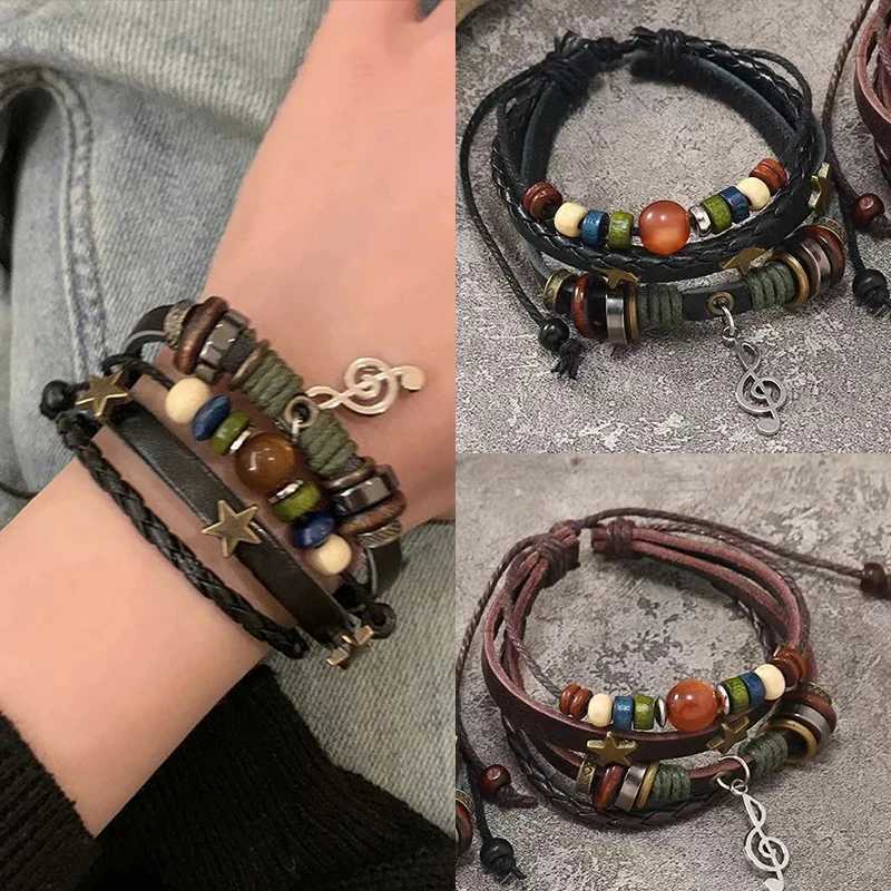 Handmade hippie design brown leather bracelet womens metal star note charm wood button bead Wr unisex adjustable bracelet W241231