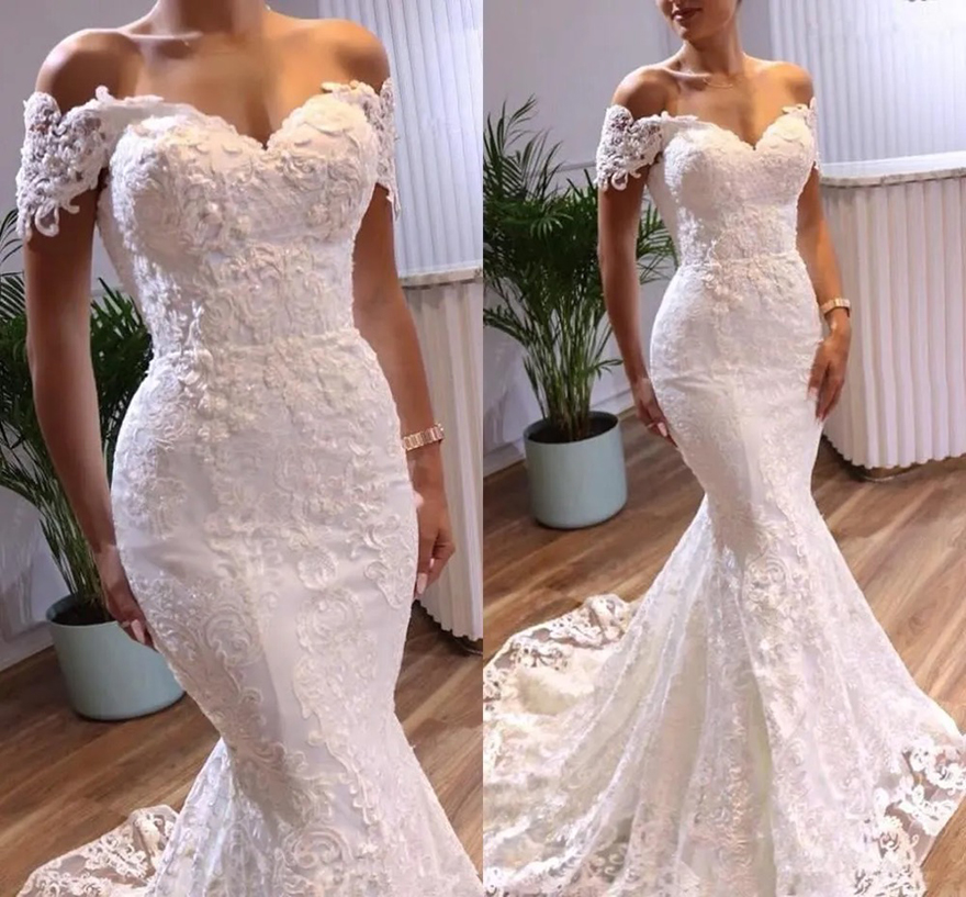 2024 Elegant Mermaid Wedding Dresses Bridal Gown Short Sleeves Off Shoulder Lace Applique Sweep Train Custom Made Plus Size Formal Dress Vestido de no