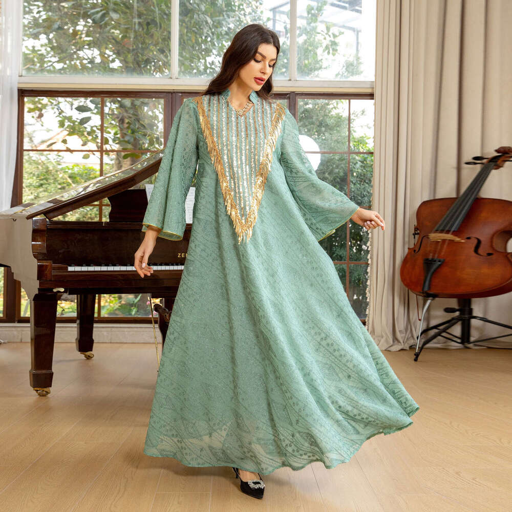Muslim Evening Arab Dubai Dress Mesh Embroidered Sequined Robe Women's Wear