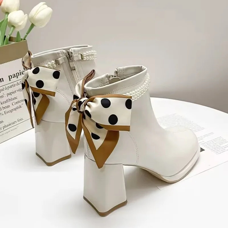 Chelsea Bow Bead Chunky Boots Women Sexy High Heels Shoes Trend Winter Square Toe Ankle Boots Pumps Motorcycle Botas 241231