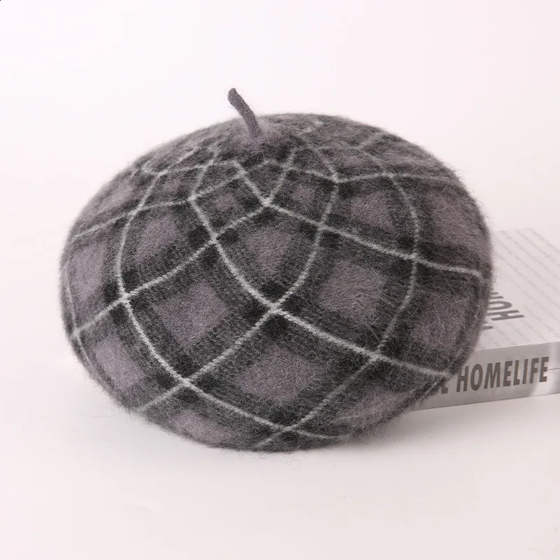 Beret Hat Women Winter Autumn Angora Wool Knit Beanie Plaid Warm Skiing Accessory For Sports Outdoors Holiday 241226