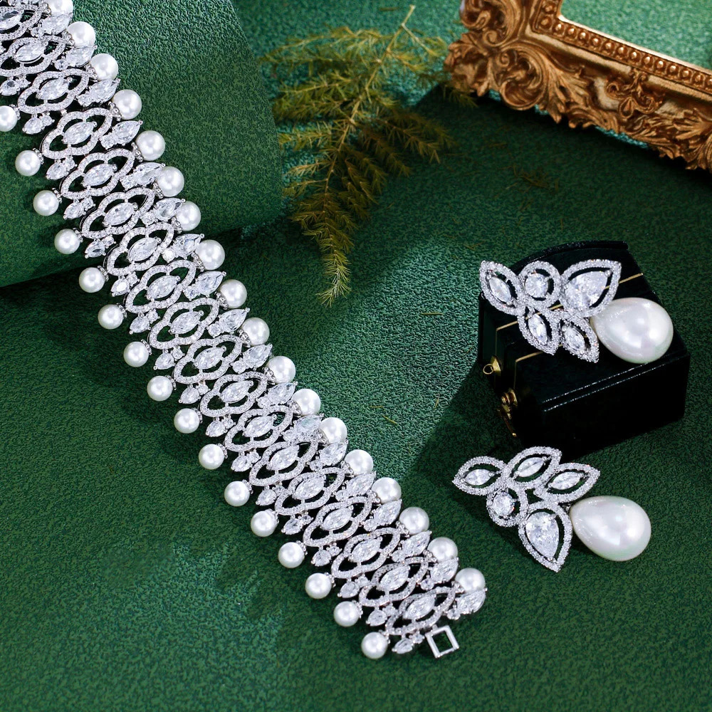 CWWZircons White Cubic Zirconia Big Choker Pearl Necklace and Earrings Wedding Bridal Party Jewelry Sets for Women T735 241231
