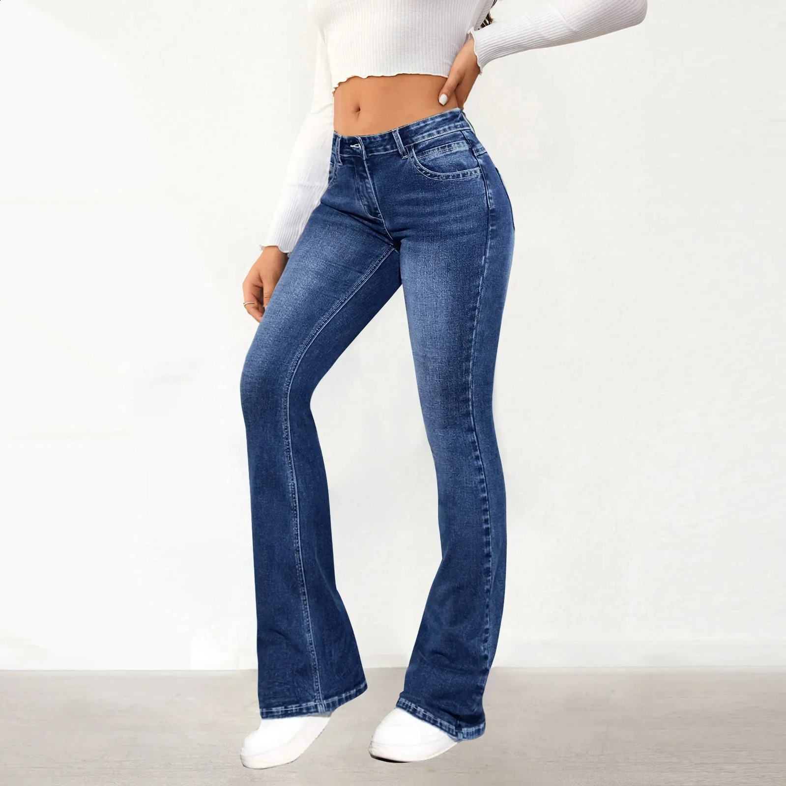 Women Jeans Slim Pants Denim Washing Pockets High Waist Solid Ankle Length Boot Cut Streetwear Casual Zipper Fly 241230