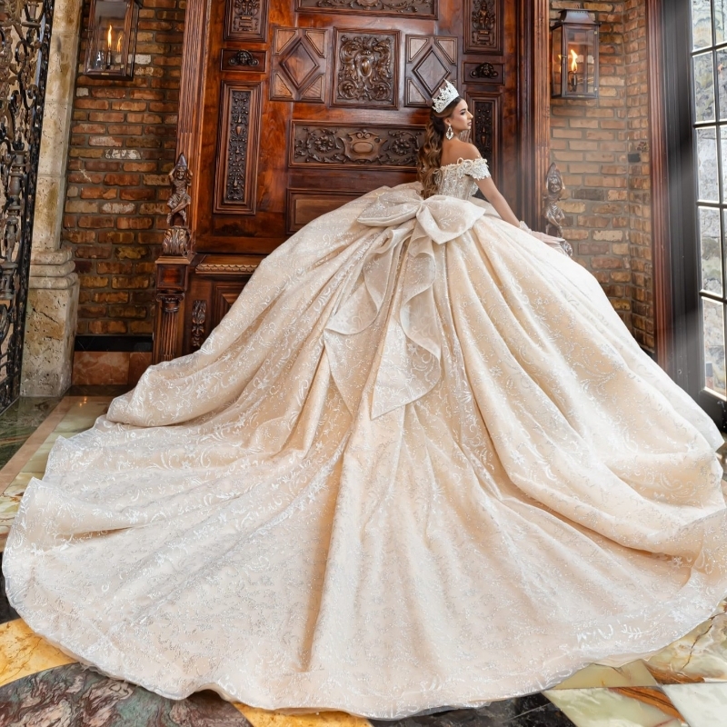 Champagne Quinceanera Dresses Ball Gown Off The Shoulder Sequin Applique Lace Beading Bow Tull Party Birthday Sweet 16 Vestido De 15 Anos