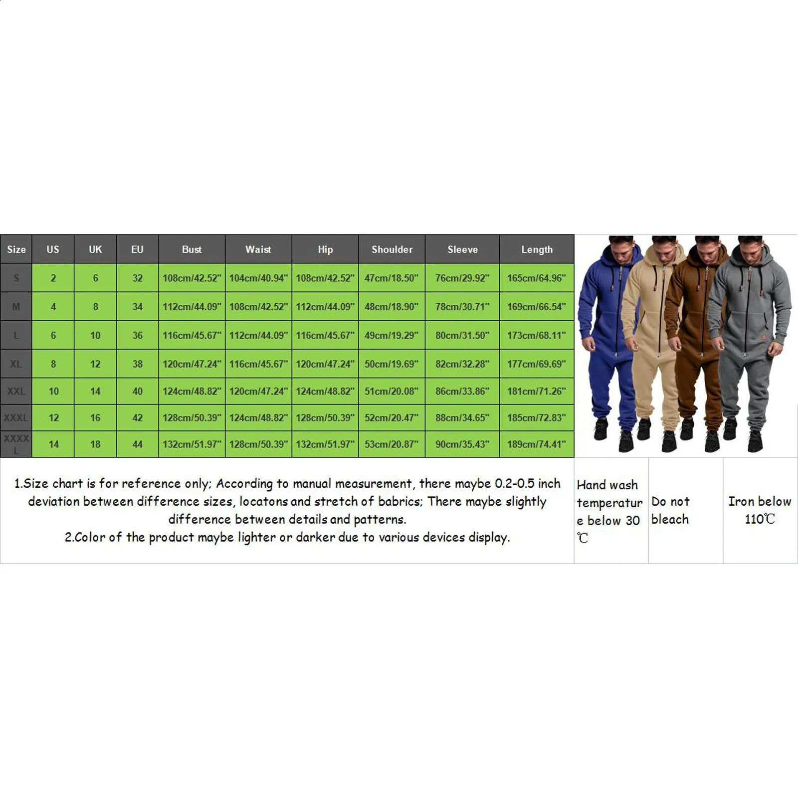 Mens Hooded Jumpsuit 2024 Warm Long Sleeve Zipper Hoodies Tracksuit Plus Size Loose Casual Sportwear Romper Male Suit 241223