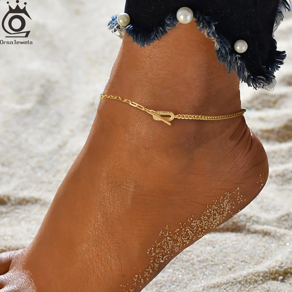 ORSA JEWELS Silver 925 Charm Zircon Foot Chain Side Chain Paperclip Chain Anklets Women Summer CZ Foot Bracelet Jewelry SA62 241226