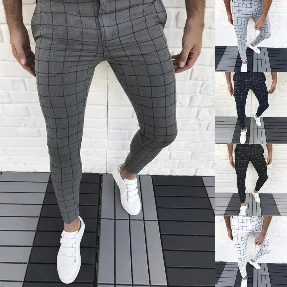 Casual Men Trousers Temperament Pencil Pants Mid Waist Handsome Checkered Pattern Slim 241230Z