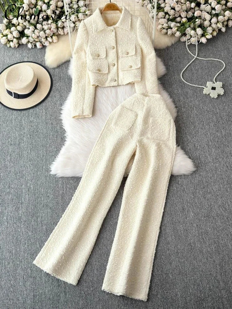 French Elegant Socialite Tweed Suit Lapel Single-breasted Long Sleeve Top High Waist Straight Slim Trousers Two Piece Sets Women 241230