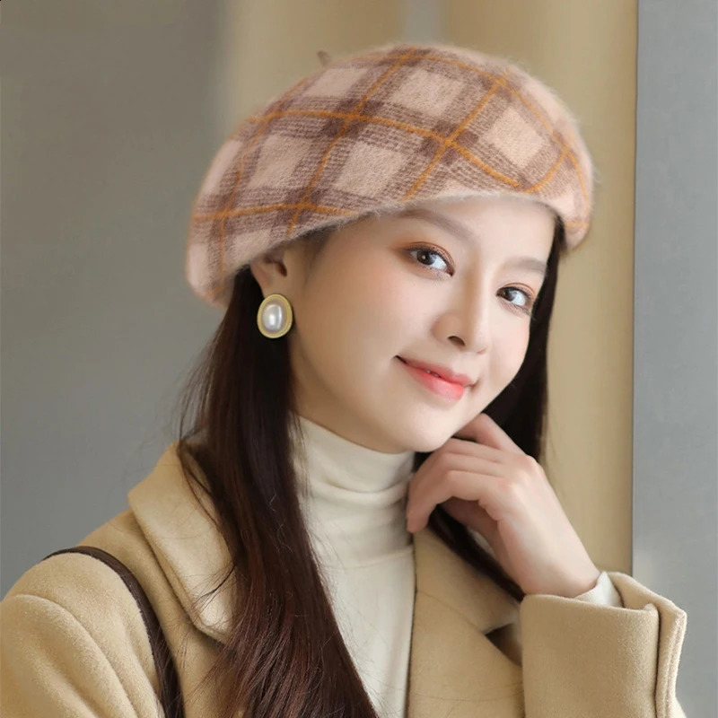 Beret Hat Women Winter Autumn Angora Wool Knit Beanie Plaid Warm Skiing Accessory For Sports Outdoors Holiday 241226