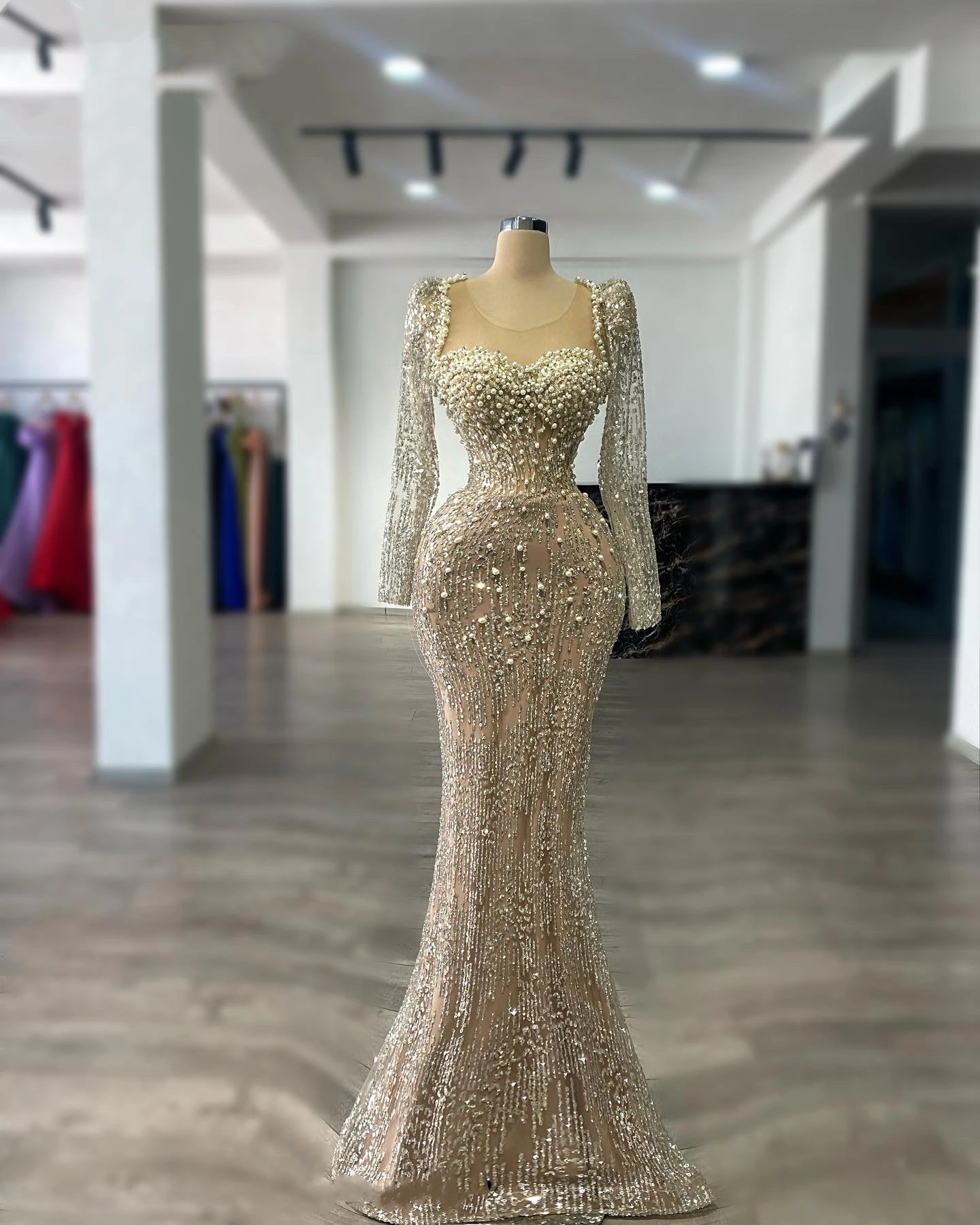 Evening Dresses For Women Sheer Neck Long Sleeves Gown Sequins Pearls Sweep Train Customized Dress Party