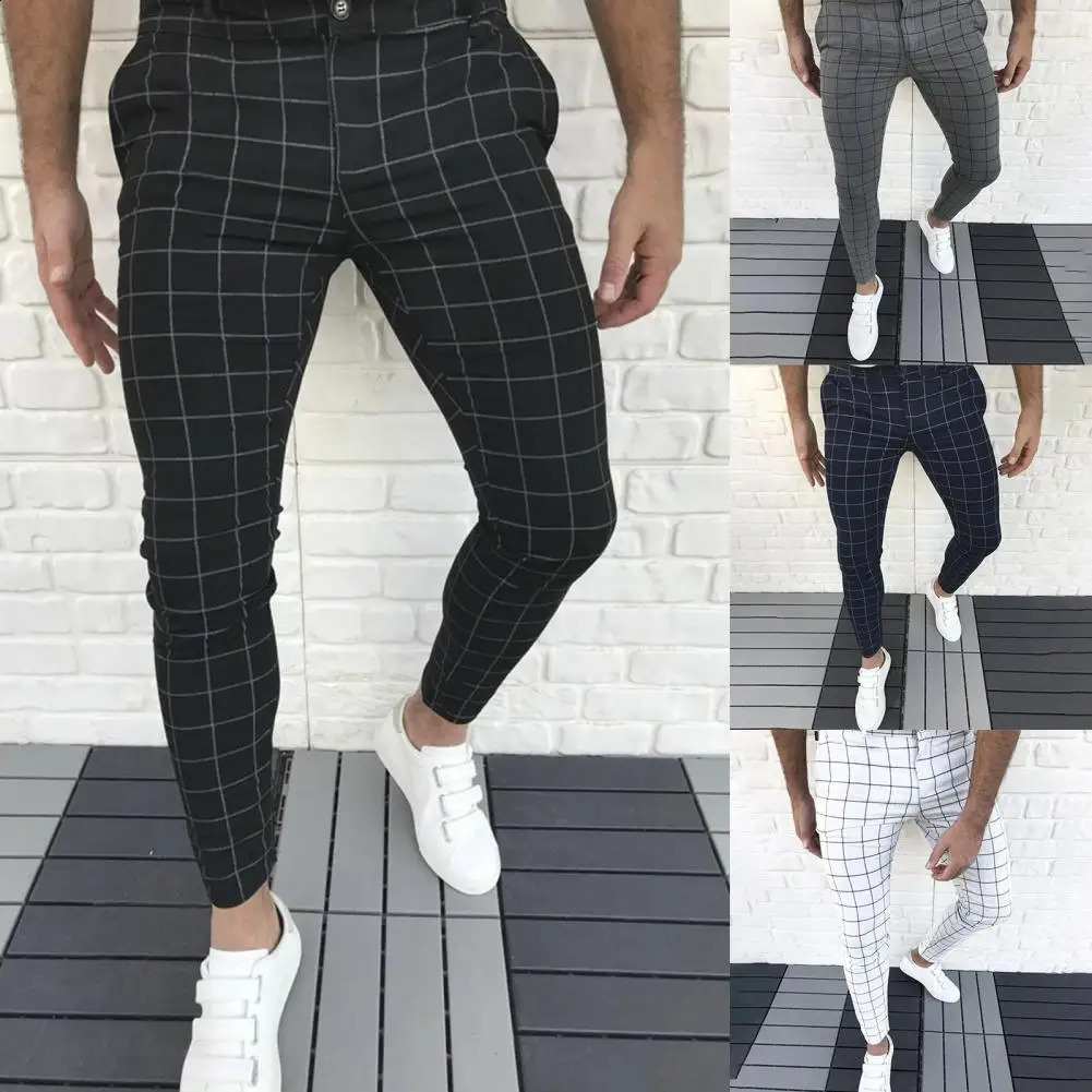 Casual Men Trousers Temperament Pencil Pants Mid Waist Handsome Checkered Pattern Slim 241230Z
