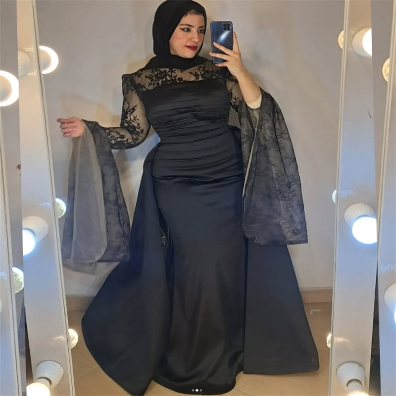 Luxury Saudi Arabic Evening Dress With Detachable Train 2 In 1 Black Mermaid Dubai Abaya Prom Dress Muslim Formal Tunisian Moroccan Dubai Turkey Maroc