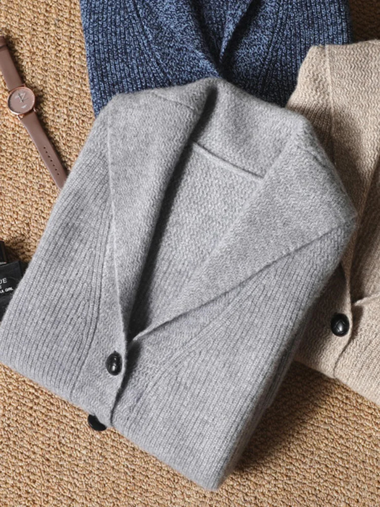 Autumn Winter Cashmere Cardigan Mens V-Neck Thick Knit Coat Fashion Loose Jacquard Sweater Middle-Aged Large Size Jacket Shirt 241230