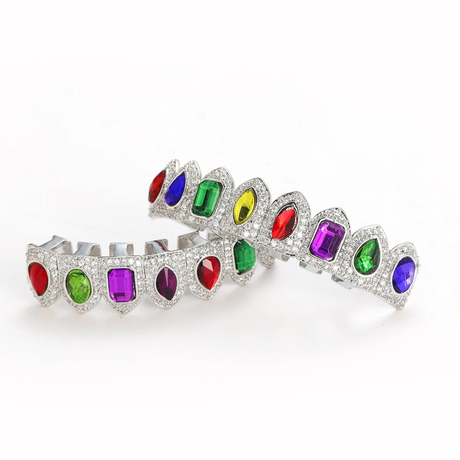 Full CZ Multi-color Stones Teeth Caps Cubic Zircon Iced Out Micro Pave Top Bottom Charm Grills Set For Men Women Jewelry 241226