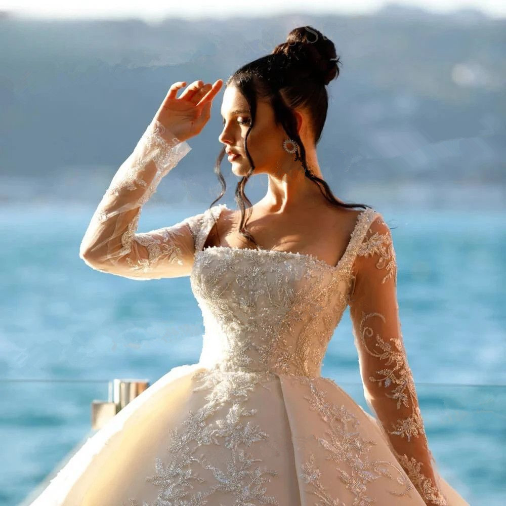 Exquisite Square Neck Wedding Dresses Sparkly Beads Sequins Bride Gowns Long Sleeves Appliques Customized Robe Vestido De Novia 6660312