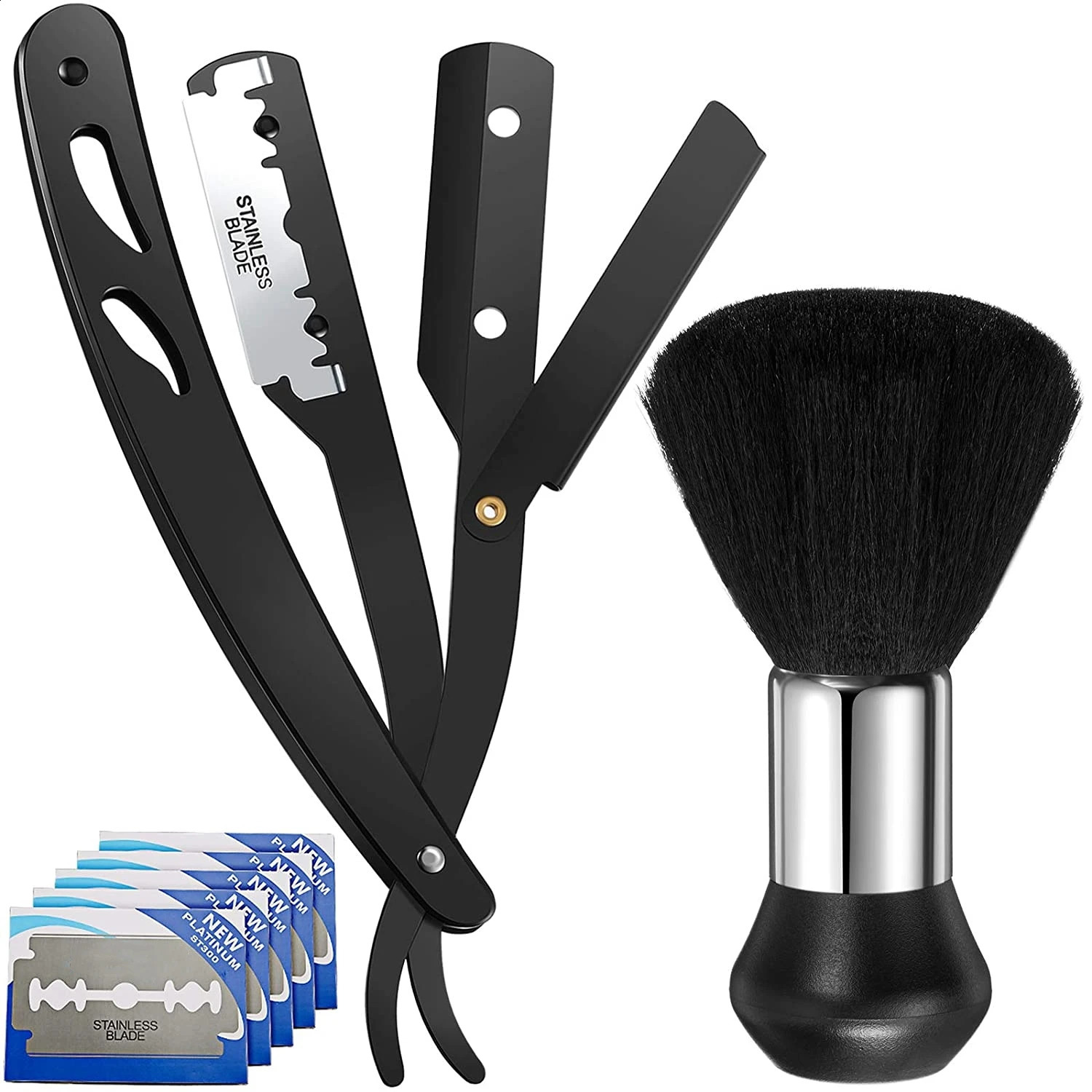 Straight Edge Barber Razor Replaceable Blades Haircut Beard Eyebrow Shaving Tool Manual Depilation Razor with Neck Duster Brush 241230