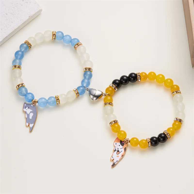 New Cute Cat Pendant Bracelet for Men 2PCS Fashion Beaded Heart Matching Bracelet Unique Couple Jewelry W241231