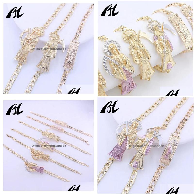Chains Men Pulseras Oro Laminado 14K 18K 23cm Gold Plated Religious Jewelry Holy Death Santa Muerte Bracelet Charms Wholesale Drop Delive Dhrqk
