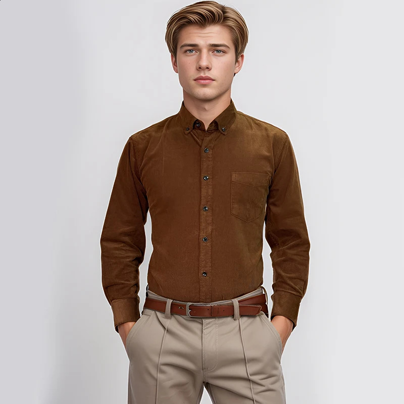 Oversize Corduroy Shirt For Mens Clothing Casual Long Sleeve Shirts Male Cotton Comfortable Soft Button-down Collar Brown Shirt 241228