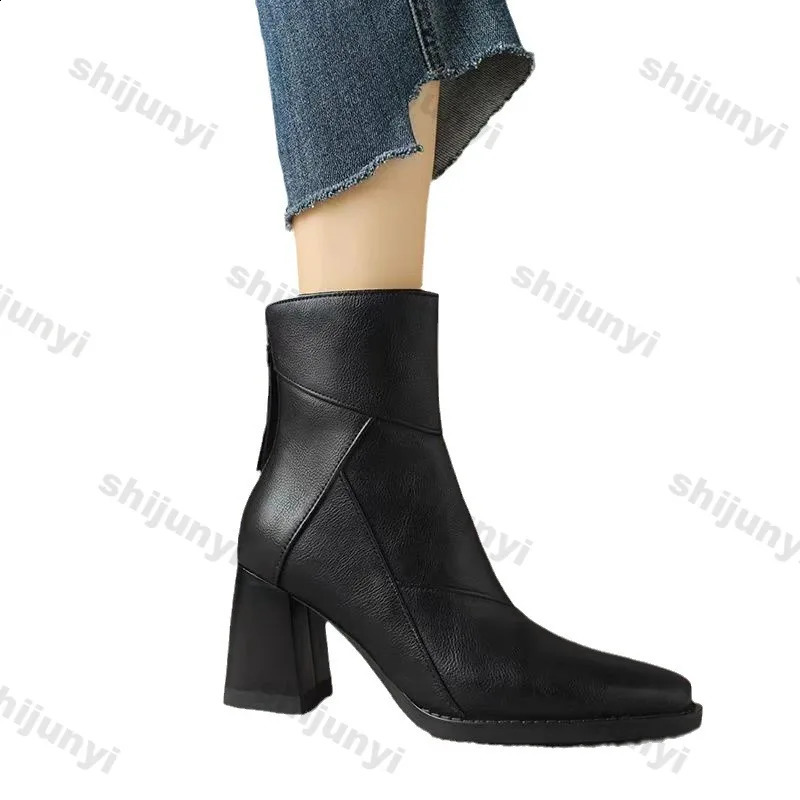 Woman Chunky Ankle Boots Women Zipper Retro Brown Soft Leather Short Boot Autumn Square Toe Casual High Heel Booties Mujer 241231