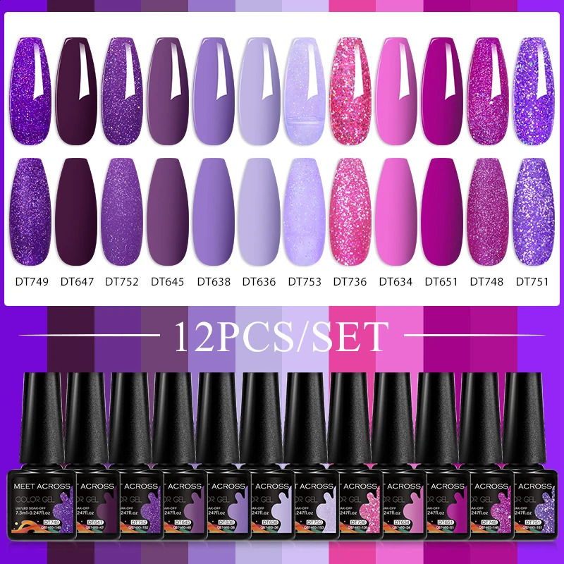 MEET ACROSS 12pcs 7.3ml Gel Nail Polish Set Purple Pink Glitter Semi Permanent Soak Off UV LED Gel Polish Kit Nail Art Varnishes 241230