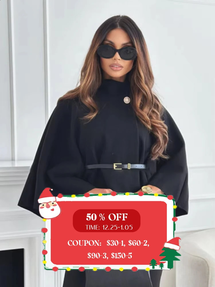 Lady Cloak Cape Woollen Tweed Poncho Thick Autumn Winter Women Single Buckle Batwing Sleeve Coat Elegant Warm Loose Outwear 2024 241231