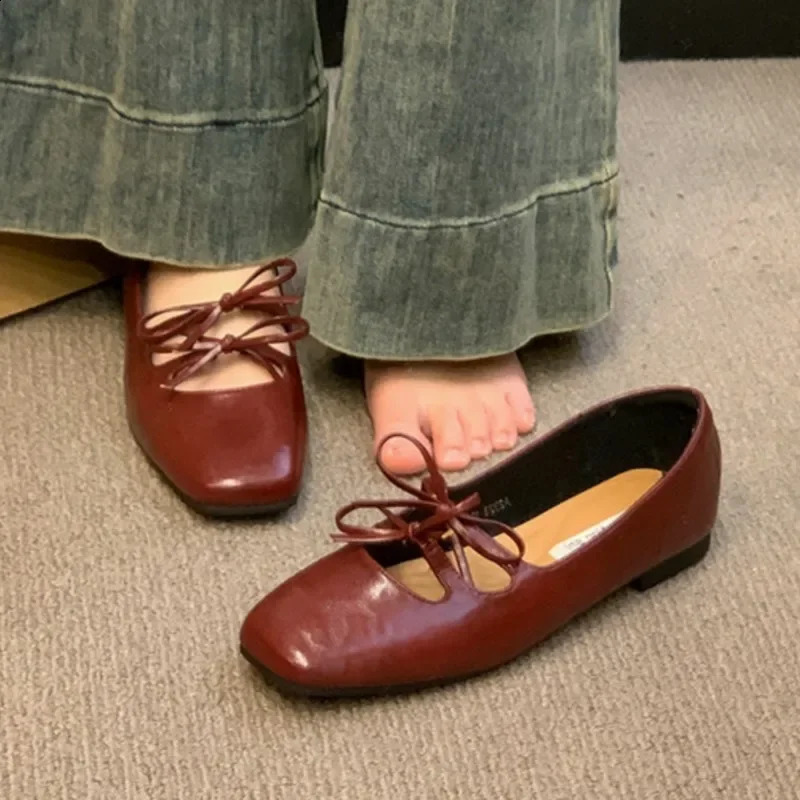 Womens Boat Shoes Square Toe Slip on Flat Double Bow Ballet Flats Girls Princess Leather Spring Zapatos Mujer 241225