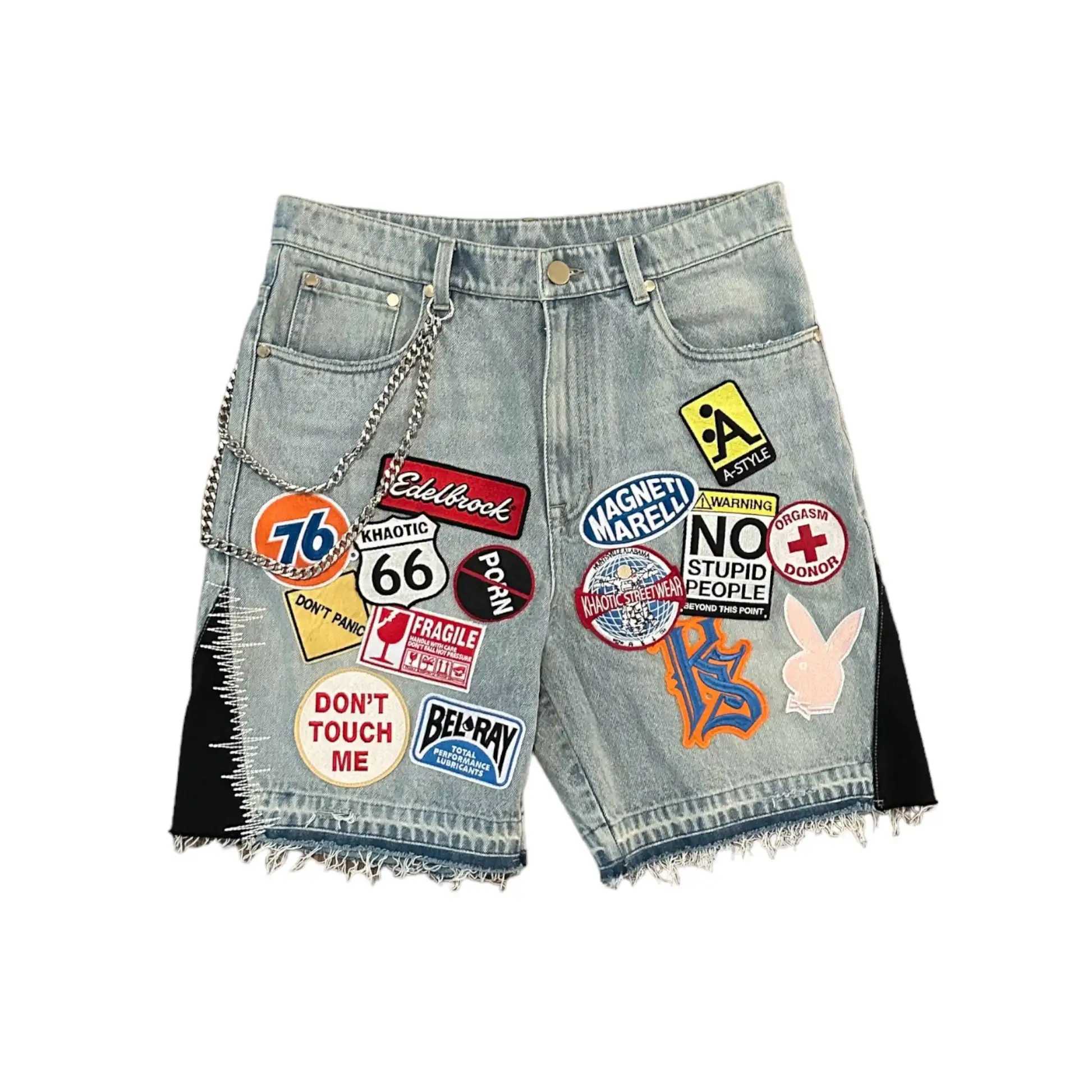 Streetwear retro patch work denim shorts Y2K jeans mens hip-hop cartoon graphic retro blue loose denim fitness casual shorts W241231