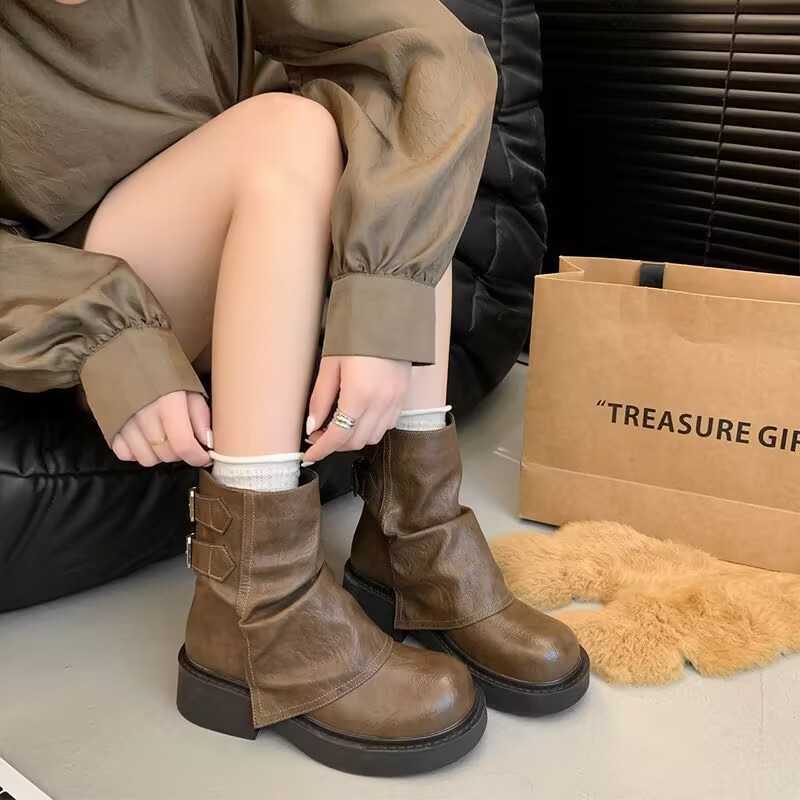 Vintage Ladd Heaps Ankle Boots 2024 new autumn/winter platform boots women's brown trousers denim with Martens bootsC241125